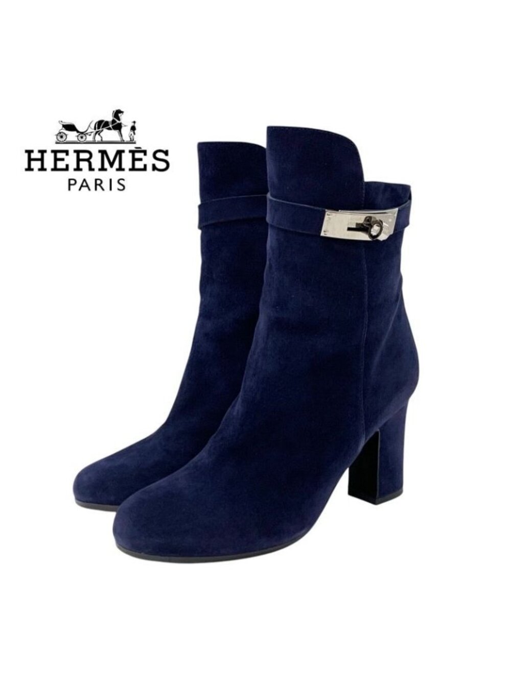 Hermes Boots Short Shoes Suede Navy Silver Kelly Hardware